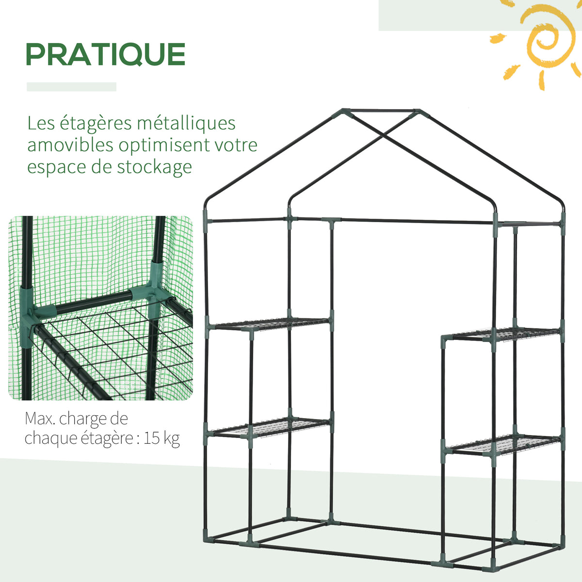 Serre de Jardin avec Étagères 3 Niveaux, Petite Serre de Balcon en Bâche PE 140 g/㎡ Renforcée 141 x 72 x 191 cm, Vert
