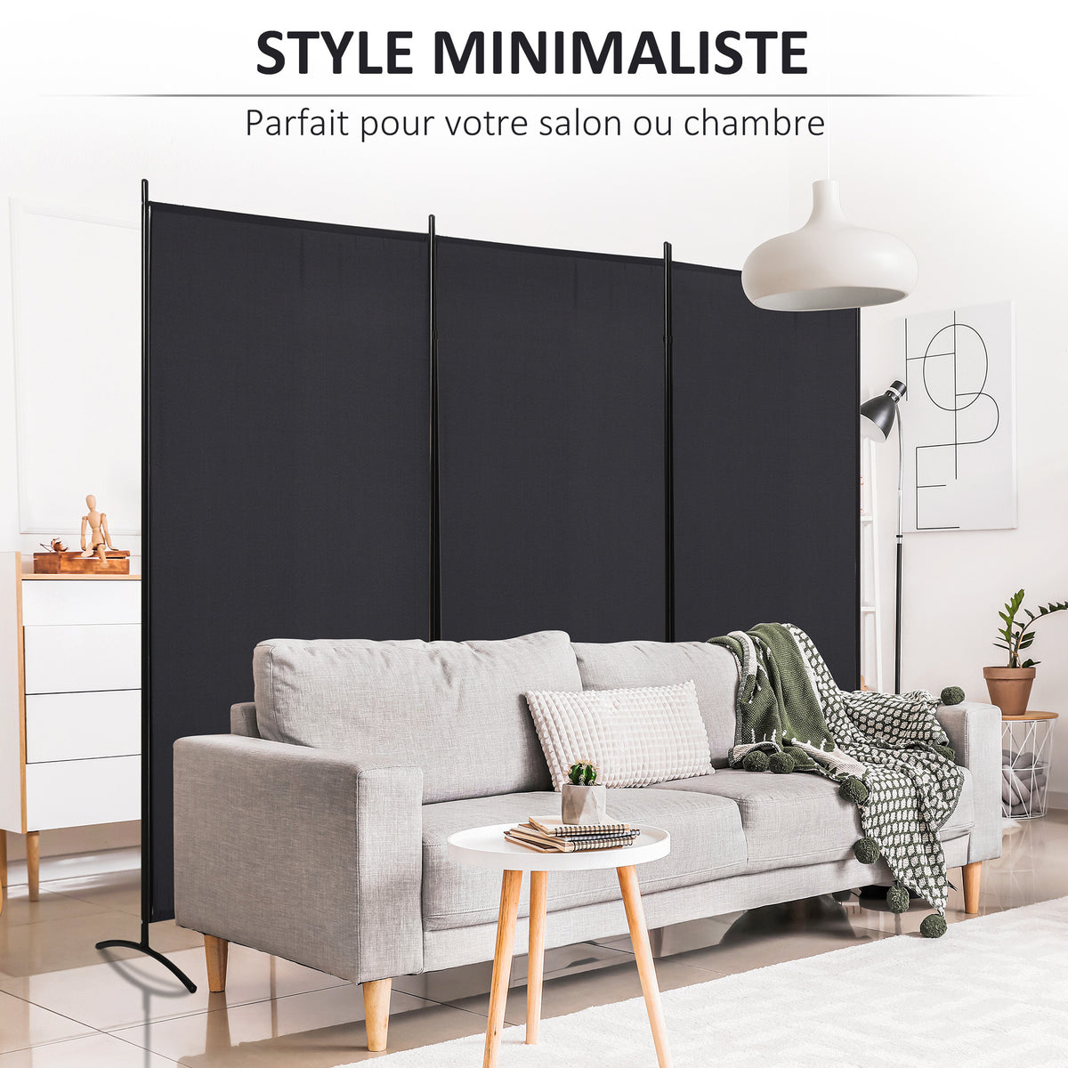 Paravent 3 panneaux dim. 2,53L x 0,5l x 1,82H m Store latéral Brise-Vue paravent sur Pied séparateur métal Polyester