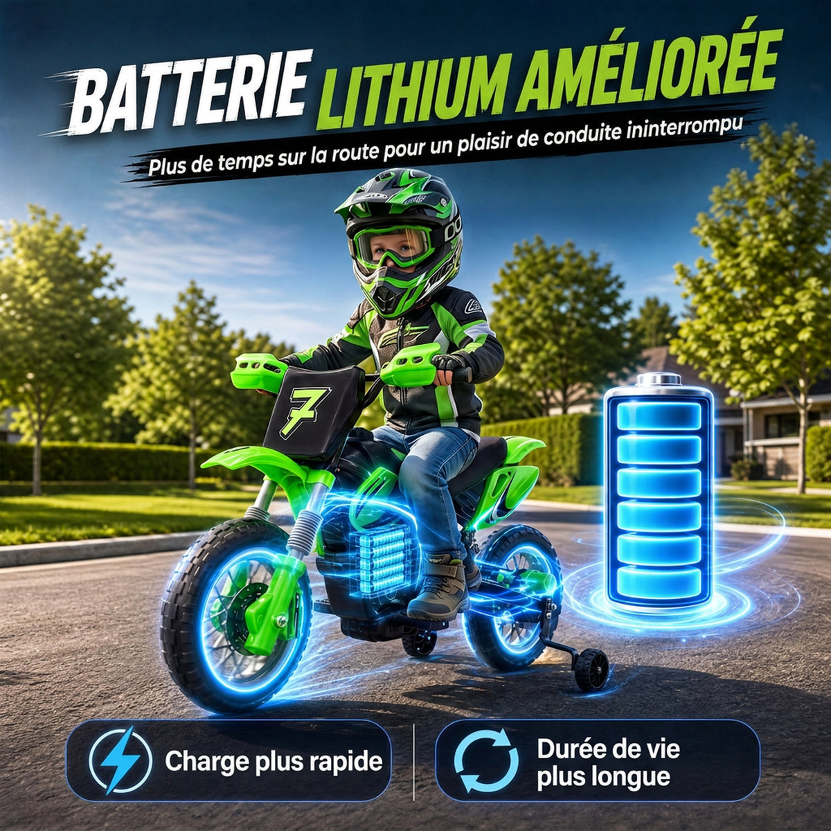 Elektro-Motorrad für Kinder 12 V, Höchstgeschwindigkeit 3 km/h, Lithium-Batterie, Doppelmotor, Hinterradfederung, Grün