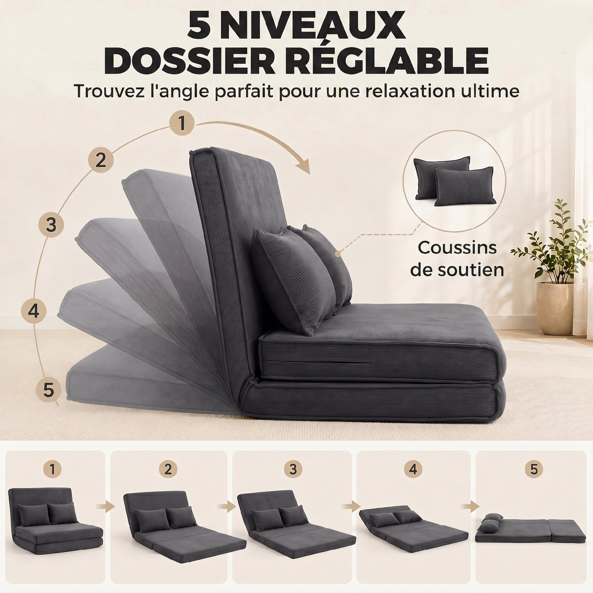 Canapé-Lit Pliant, Chauffeuse 2 Places Convertible Velours Côtelé, Dossier Réglable, Assise Large, 2 Oreillers, Gris