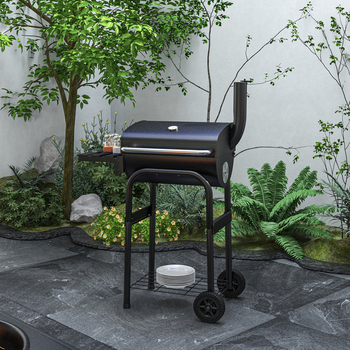 Houtskoolbarbecue trolley, met zijplanken, wielen, deksel, thermometer, schoorsteen, van zwart metaal