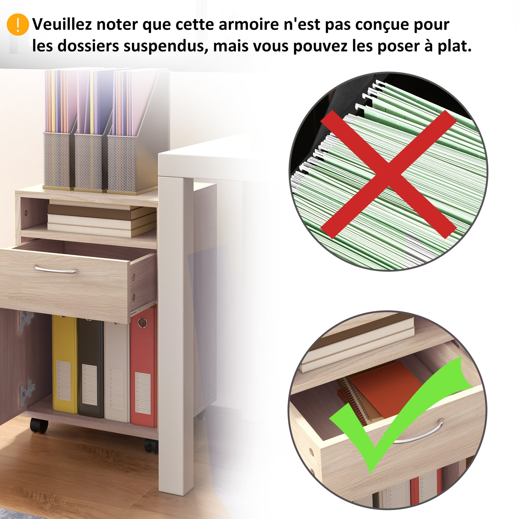 Caisson de bureau à roulettes avec tiroir placard et niche pour documents et dossier suspendu 40 x 35 x 60 cm chêne
