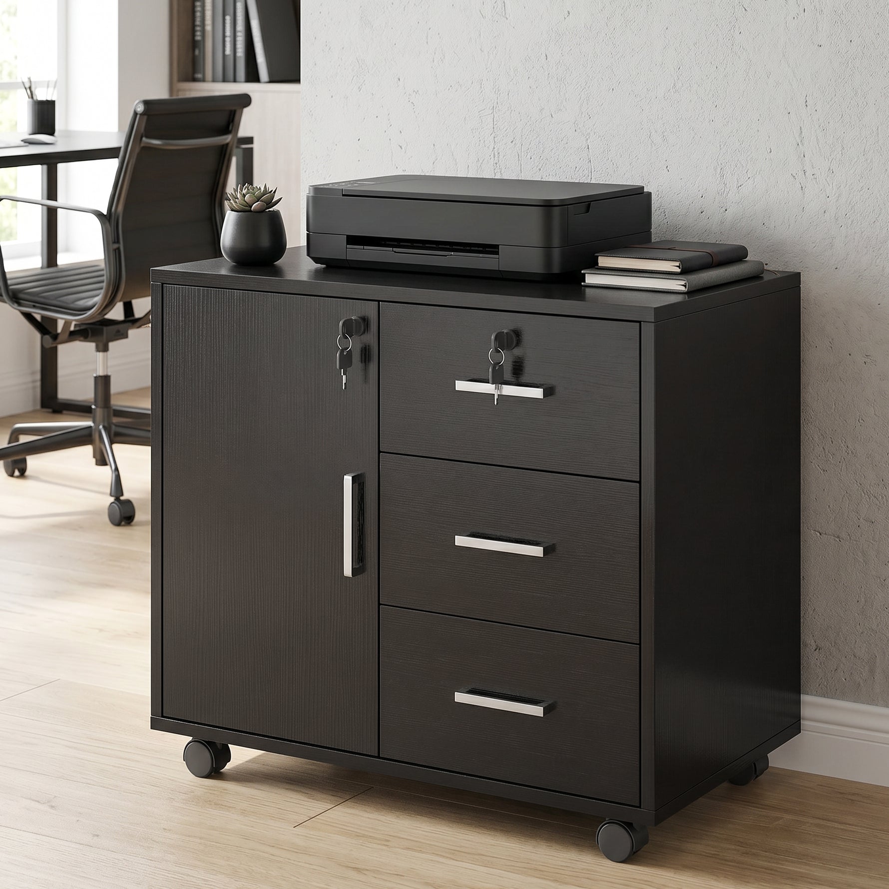 Caisson bureau meuble de rangement verrouillable avec 3 tiroirs et étagère réglable, roulettes, 40 x 60 x 56 cm, noir
