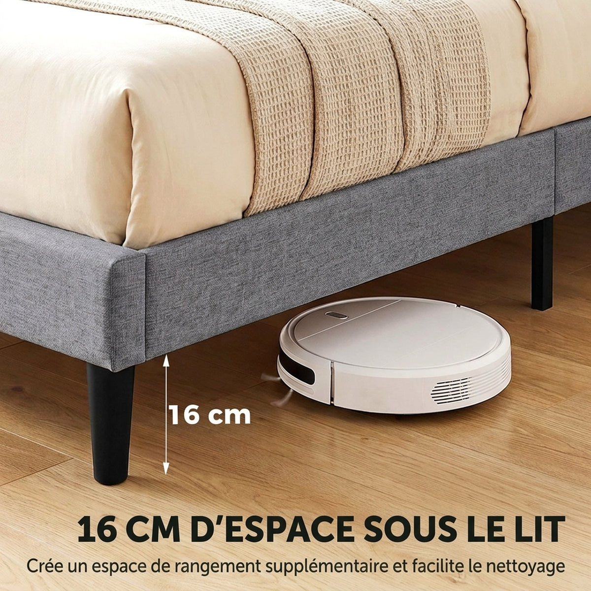 Estructura de cama de 140 x 190 cm con somier, cama doble tapizada en lino, cabecero capitoné, soporte de 10 listones, gris