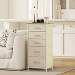 Commode 5 tiroirs en tissu, meuble de rangement avec 4 poches, 2 crochets, structure en acier, 45 x 30 x 94,5 cm, beige