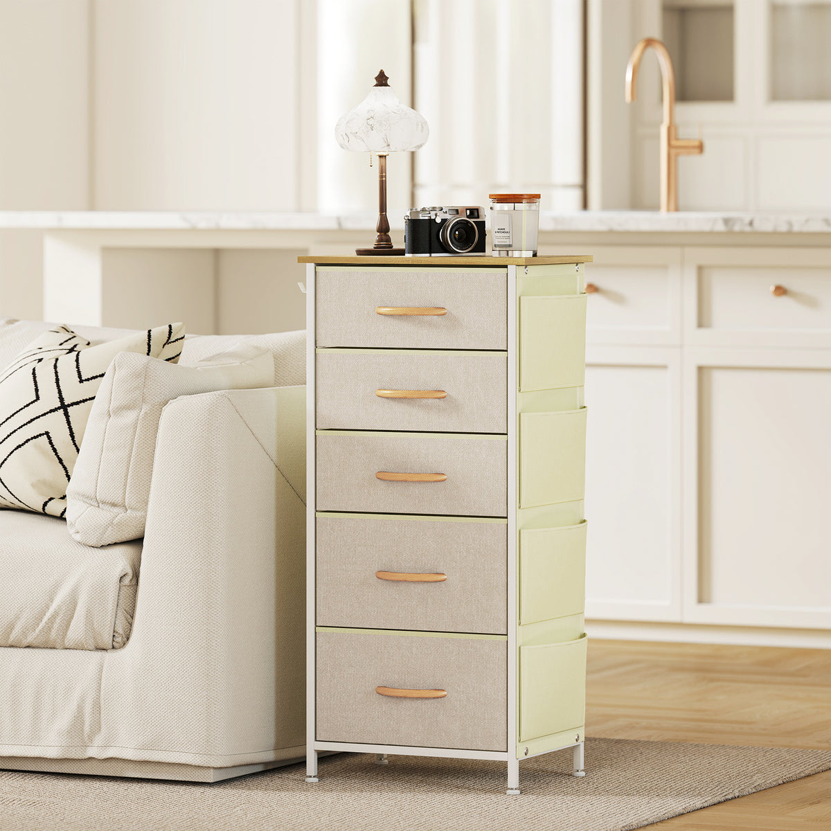 Commode 5 tiroirs en tissu, meuble de rangement avec 4 poches, 2 crochets, structure en acier, 45 x 30 x 94,5 cm, beige