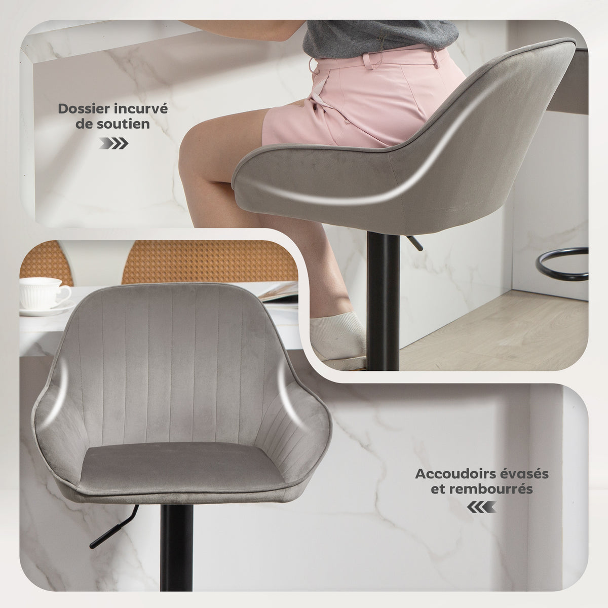 Lot de 2 tabourets de bar, chaises de bar en velours avec dossier, repose-pieds, hauteur réglable et pivotante gris