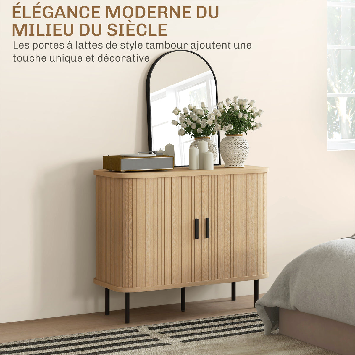 Buffet meuble de rangement avec portes coulissantes à lattes, armoire de cuisine avec pieds en acier, ton chêne