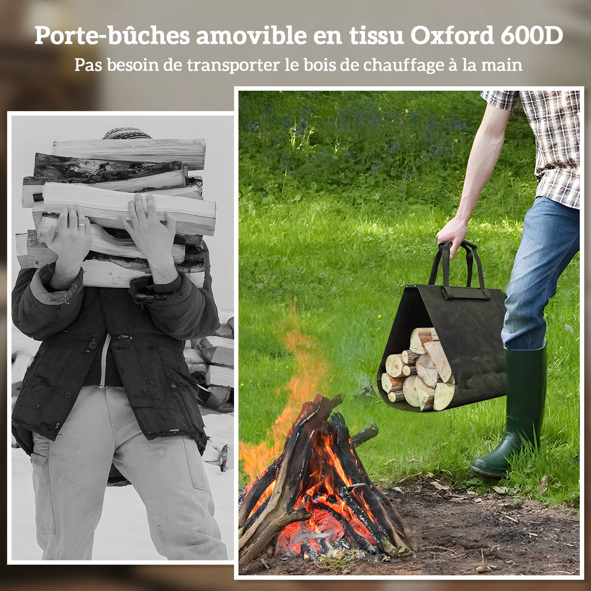 Porte-bûches, range-bûches, avec transporteur amovible, intérieure, 49l x 34P x 44H cm, métal, noir