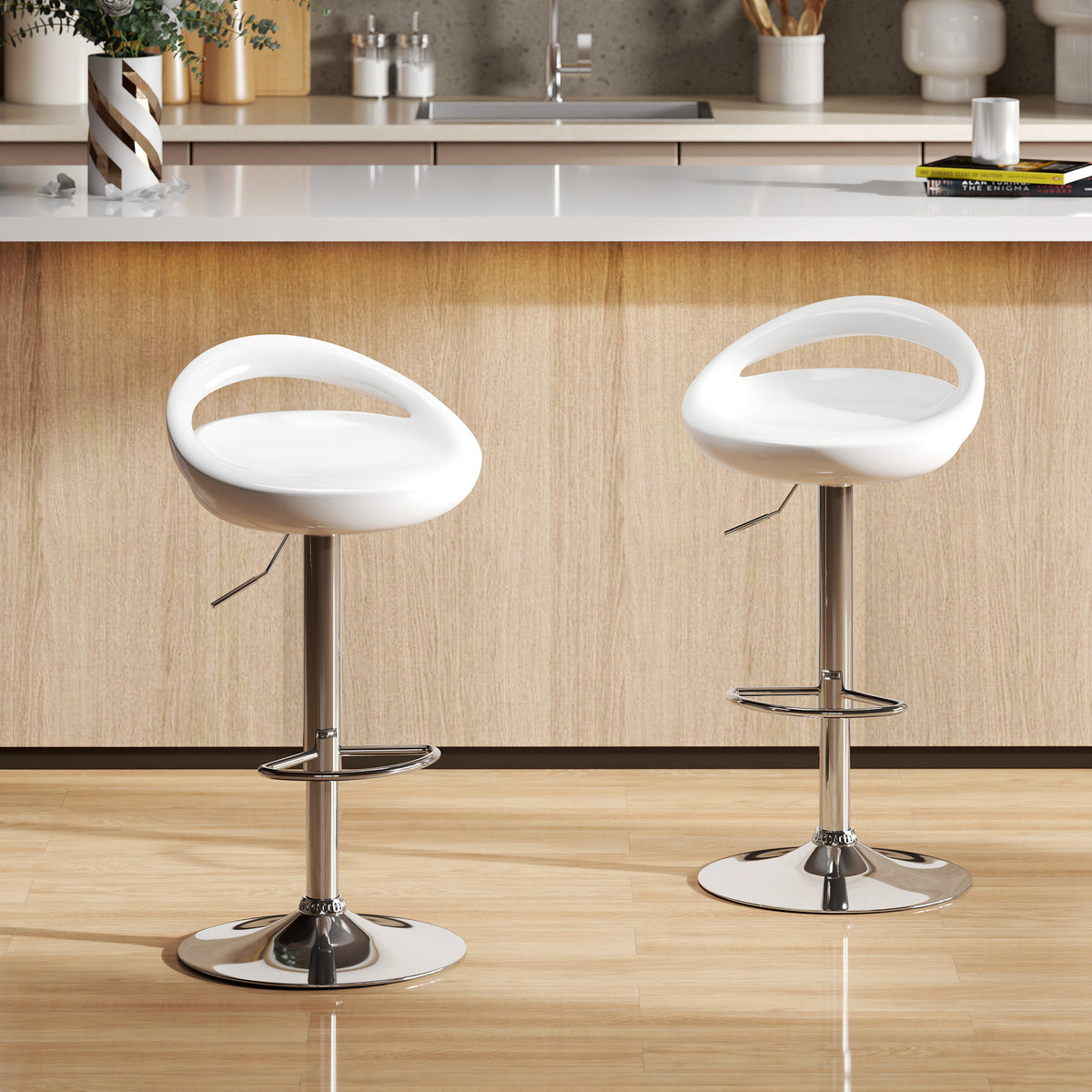 Lot de 2 tabourets de bar chaises de bar hauteur réglable dossier et repose-pieds pivotant à 360° 46x41x76-96cm blanc