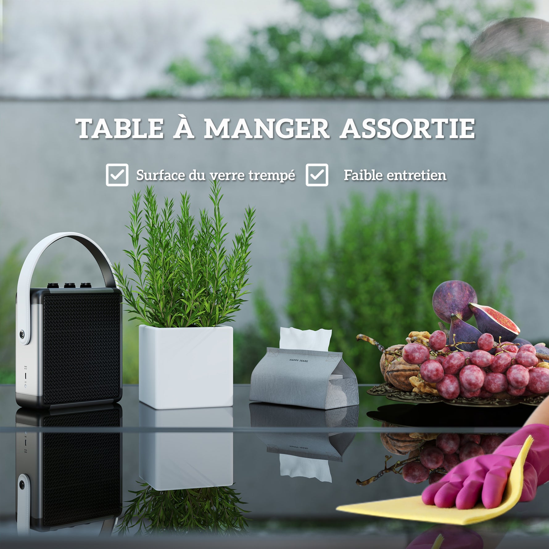 Salon de jardin extérieur en résine tressée 8 places avec coussins et plateau en verre trempé, gris