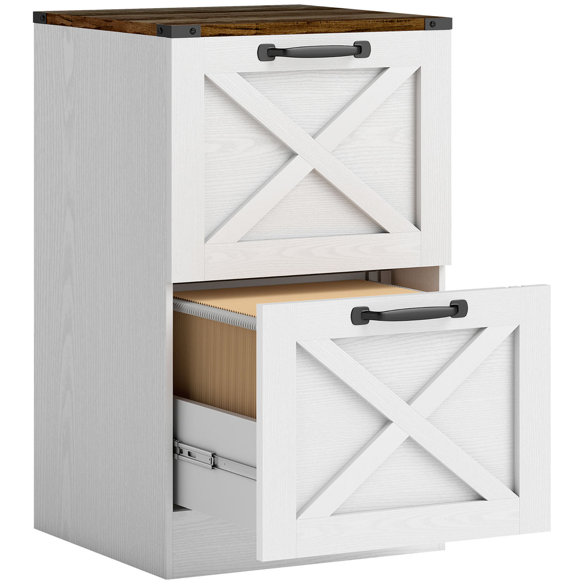 Büroschrank mit 2 Schubladen, Hängeregister für Letter/A4-Formate, rustikaler Stil, 40x40x71 cm, Weiß