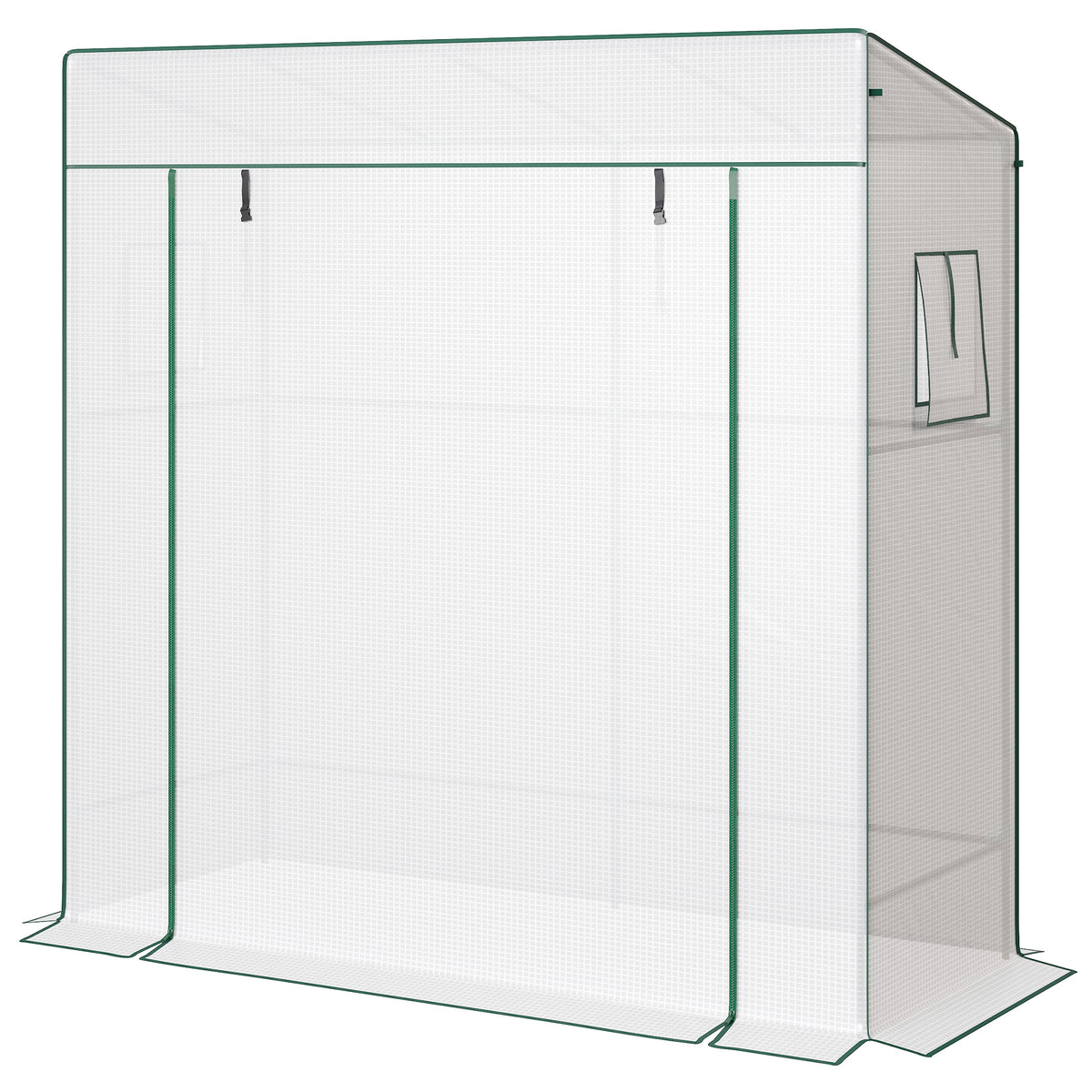 Serre de jardin murale adossée avec 1 porte enroulable, bâche PE renforcée, 2 fenêtres, dim. 196L x 77l x 197/178H cm