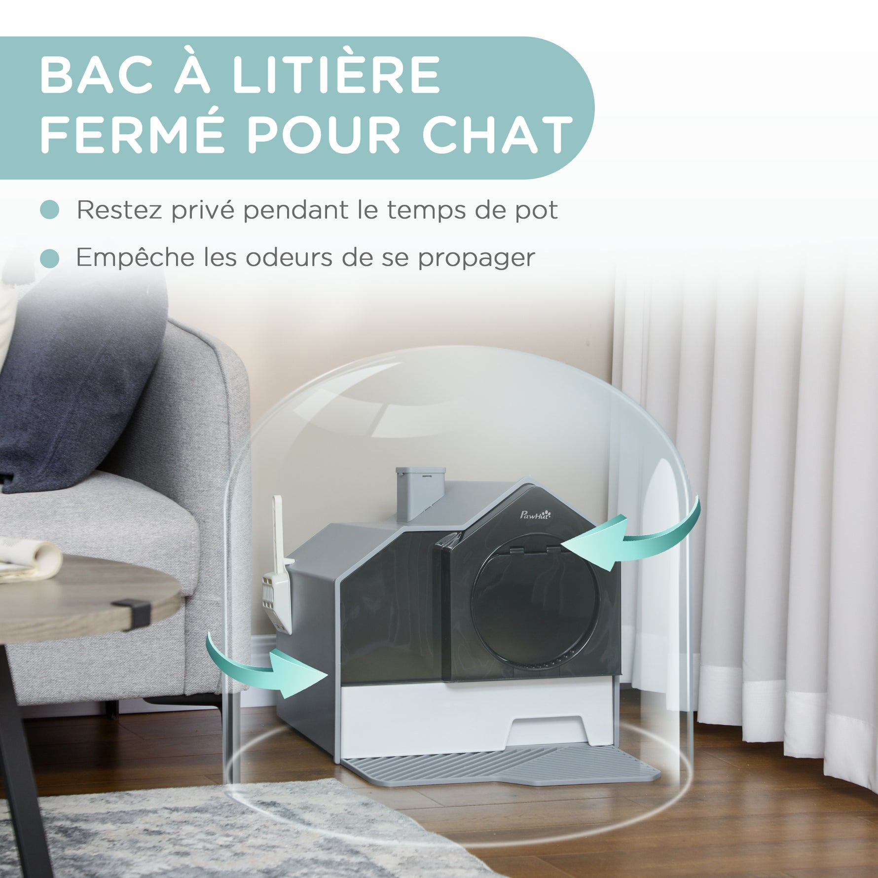 Maison de toilette bac à litière pour chat design maisonnette avec pelle, filtre et tapis dim. 47L x 45l x 42H cm