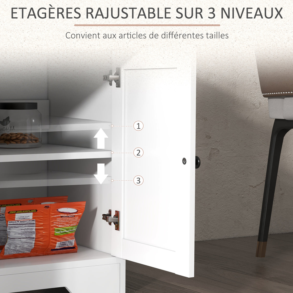 Buffet meuble de rangement armoire de cuisine style rural 2 tiroirs et 2 placards étagères à hauteurs réglables blanc