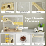 Cage à hamster à 3 niveaux, cage rongeur avec roue d'exercice, plateau profond transparent, 59 x 35,5 x 47 cm, blanc