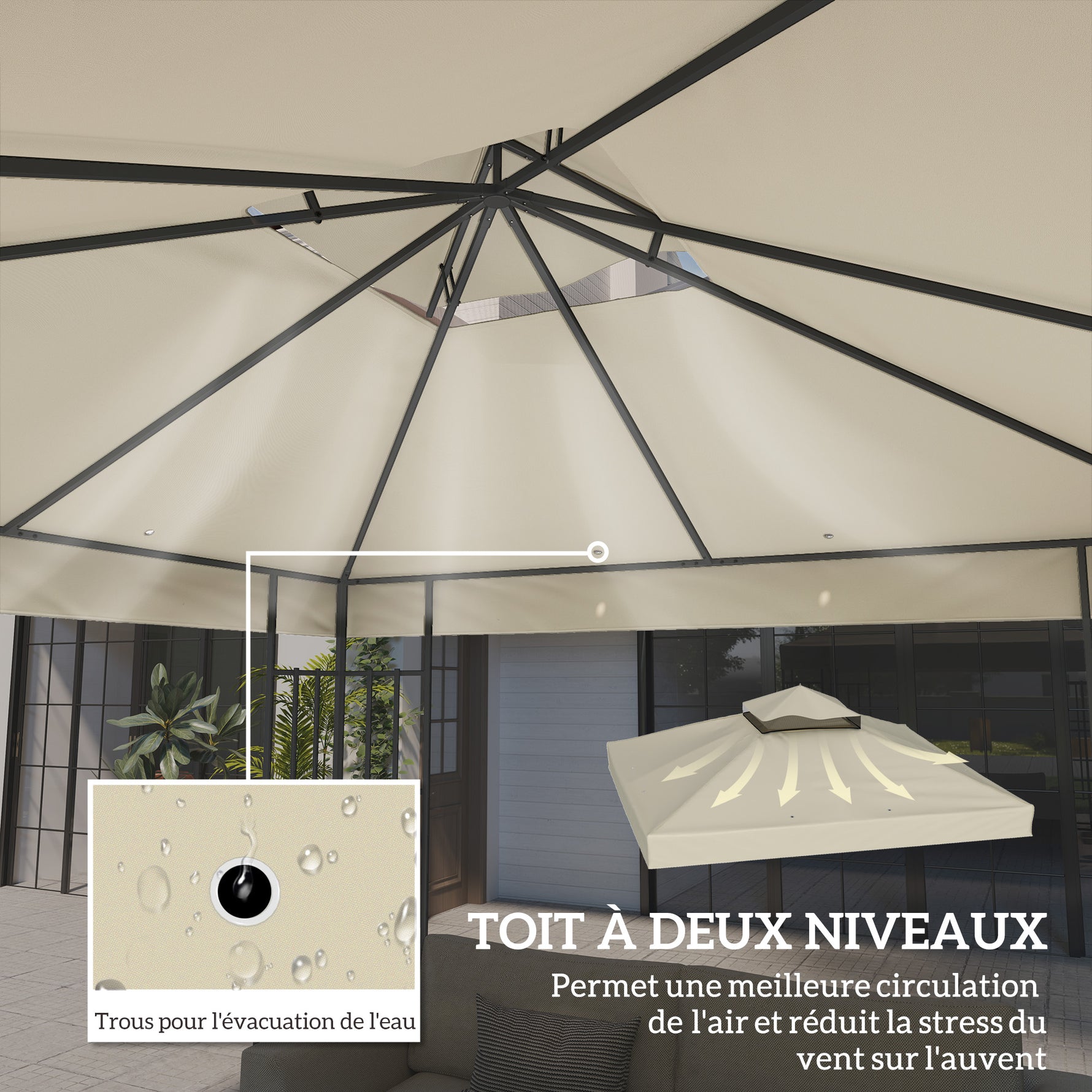 Toile pour tonnelle 3 x 3 m toile de rechange pour tonnelle à 2 niveaux protection UPF30+ trous de drainage crème