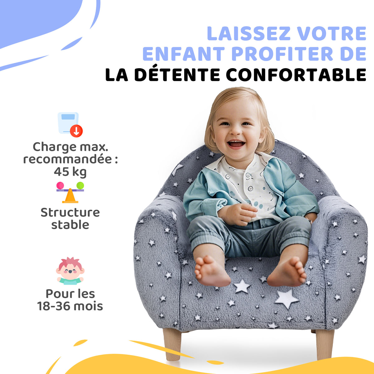 Kinder-Kindersessel, leuchtendes Kindersofa mit Sternenmuster, Samtstoff, für Jungen und Mädchen, Grau