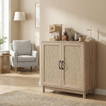 Buffet salon, meuble de rangement avec 2 portes en rotin, étagère réglable et bords arrondis, 76 x 35 x 75,5 cm, chêne