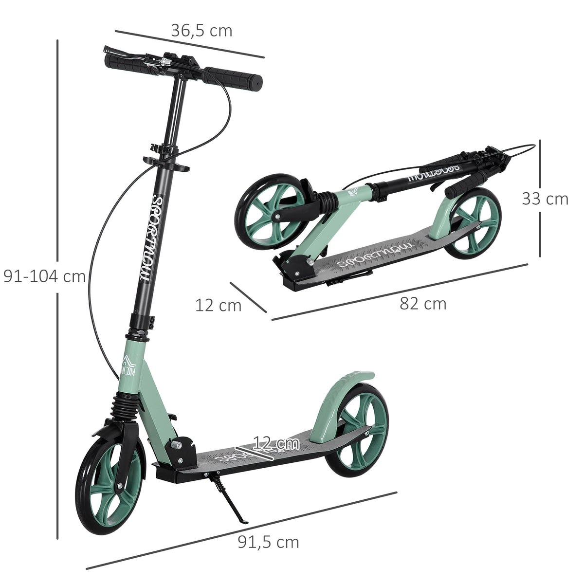 Trottinette pliable pour adultes +14 ans avec guidon réglable grandes roues de 20 cm amortisseur vert