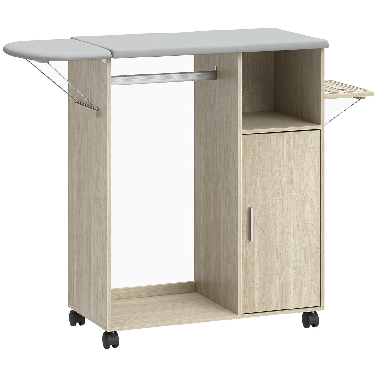 Armoire à repasser sur roulettes, table à repasser pliante, étagère réglable, barre de suspension, 127x42,5x99cm naturel