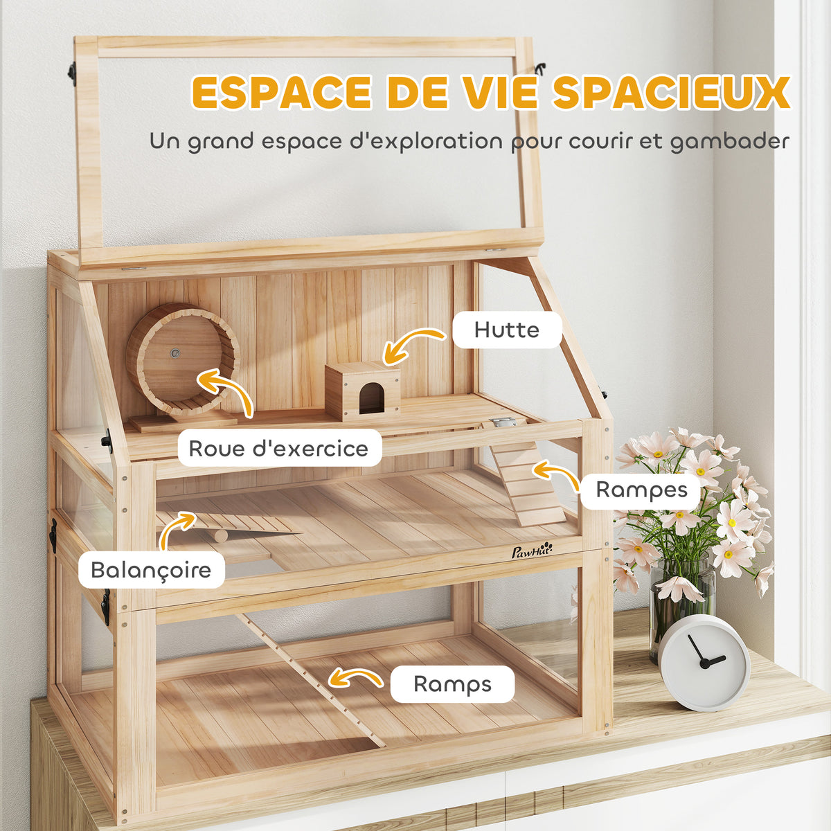 Cage hamster rongeur à 3 niveaux fond amovible de 31 cm de profondeur cabane balançoire 80x50x76cm finition bois naturel