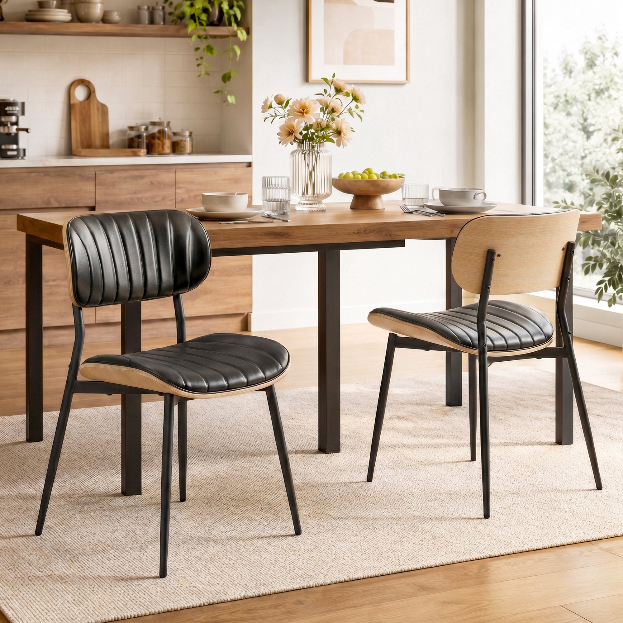 Lot de 2 Chaises de Salle à Manger, Chaises Cuisine sans Accoudoirs, Dossier Incurvé et Assise Rembourrée en PU, Noir