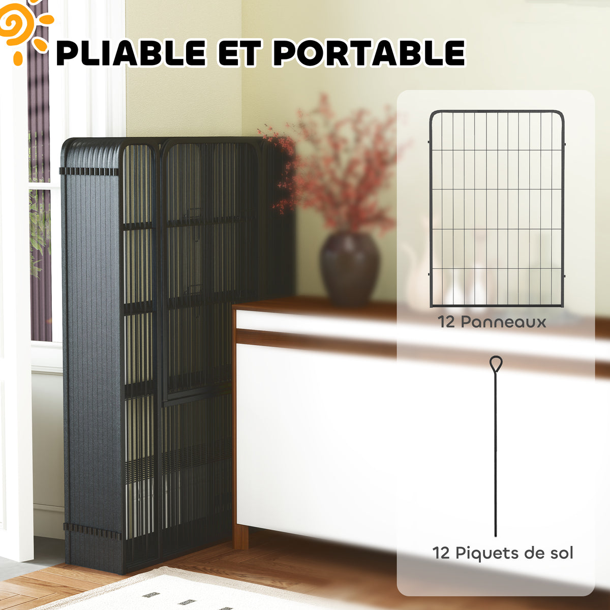 Hondenren, hondenomheining 12 panelen modulair en inklapbaar, draagbaar van staal met deur 68 x 100 zwart