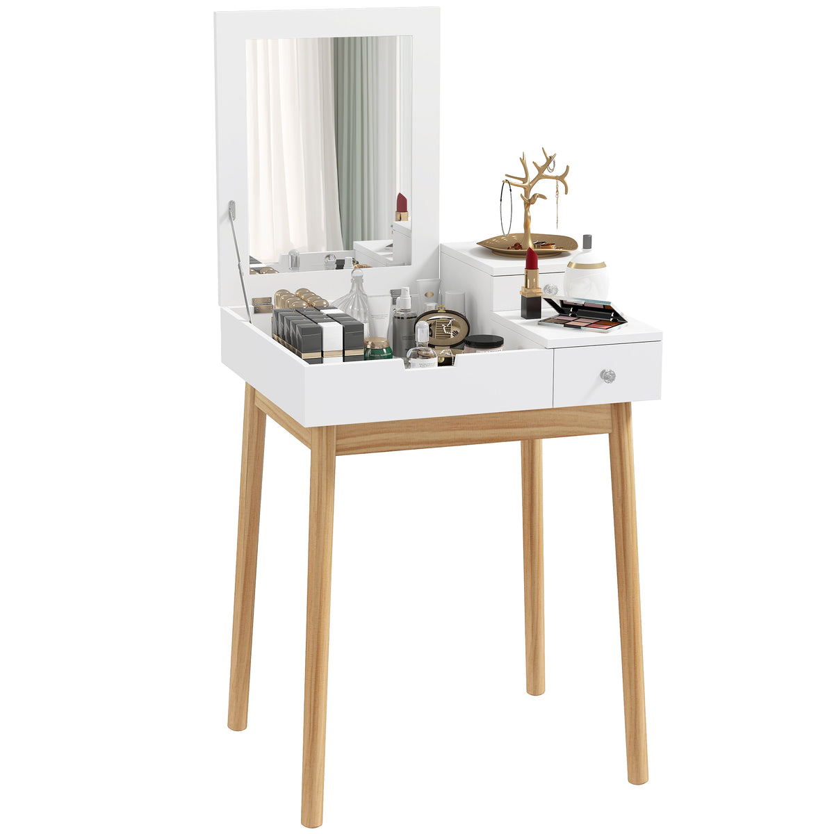 Coiffeuse avec miroir table de maquillage style moderne - 2 tiroirs, miroir rabattable pour chambre à coucher, salon, 60 x 50 x 85,5 cm blanc