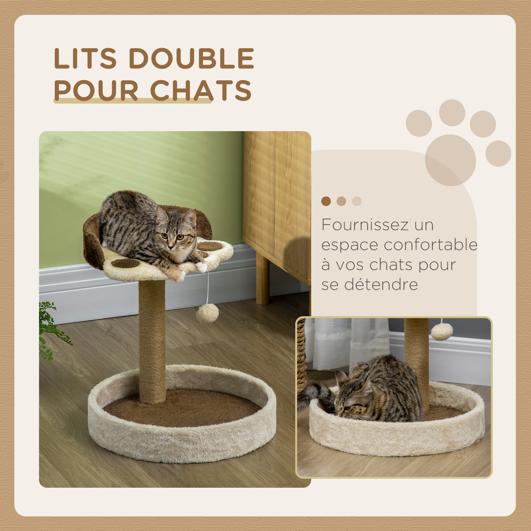 Arbre à chat griffoir grattoir en forme de patte 2 plateformes et un pompon suspendu hauteur 44 cm marron