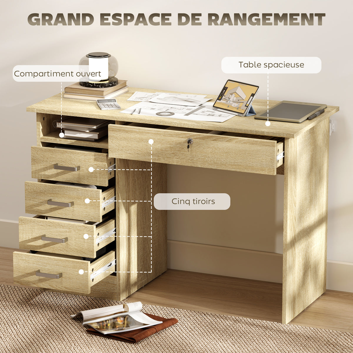 Bureau moderne avec 5 tiroirs, grand plateau, 1 compartiment ouvert, tiroir verrouillable, 110 x 50 x 76cm, chêne
