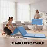 Tapis de gymnastique yoga pilates fitness pliable en 4 avec poignées revêtement synthétique 240 x 120 x 5 cm bleu clair