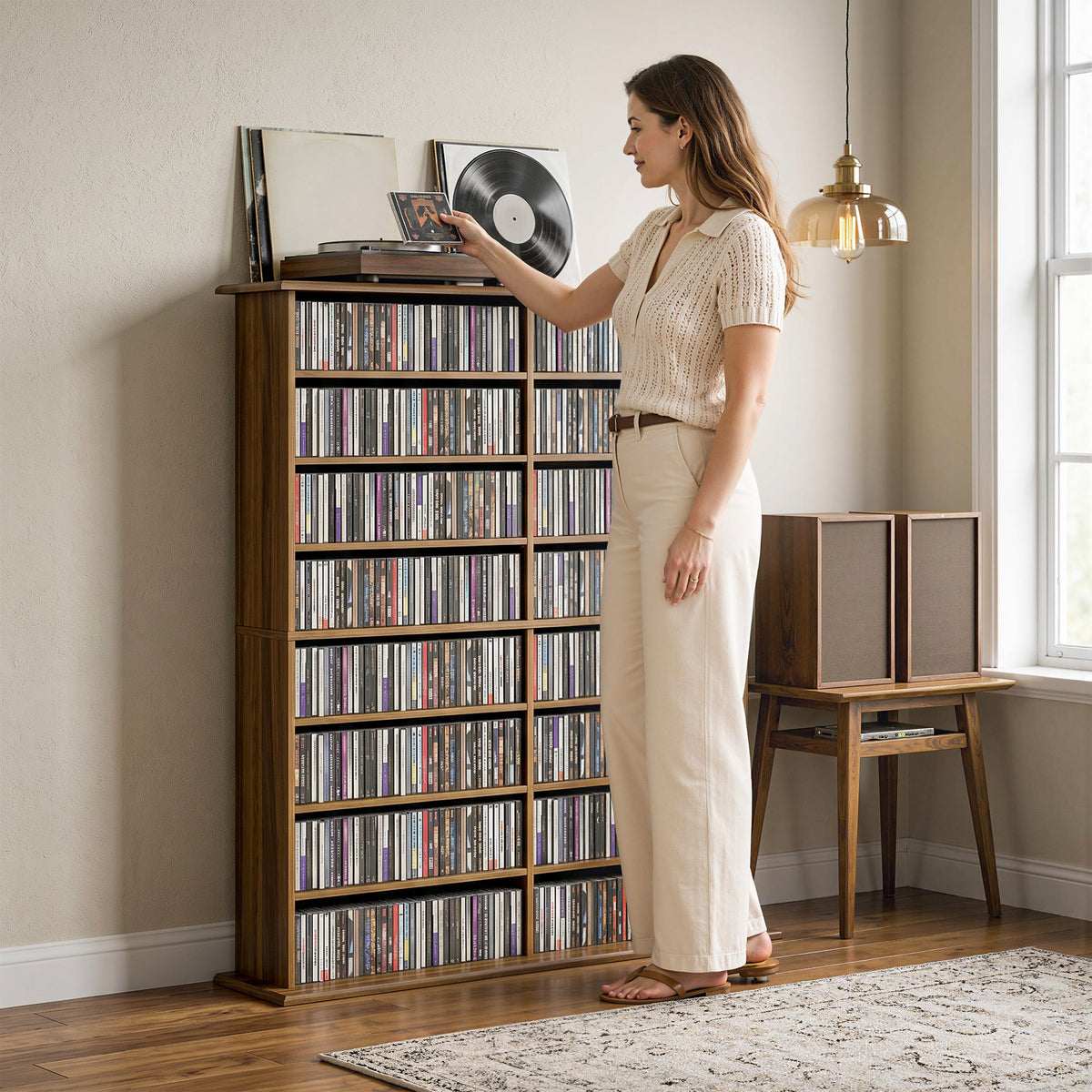 Rangements pour CD et DVD avec 16 compartiments et 12 étagères réglables capacité max. 720 CD/396 DVD et Blu-ray noyer