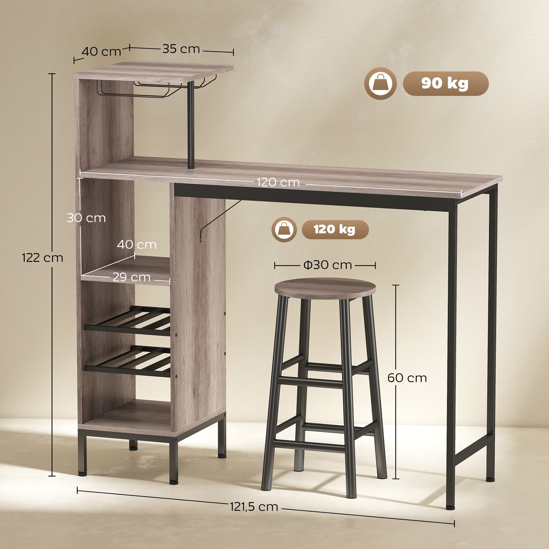 Ensemble table de bar avec tabourets, table à manger debout avec 2 chaises de bar étagères, casiers à vin, gris