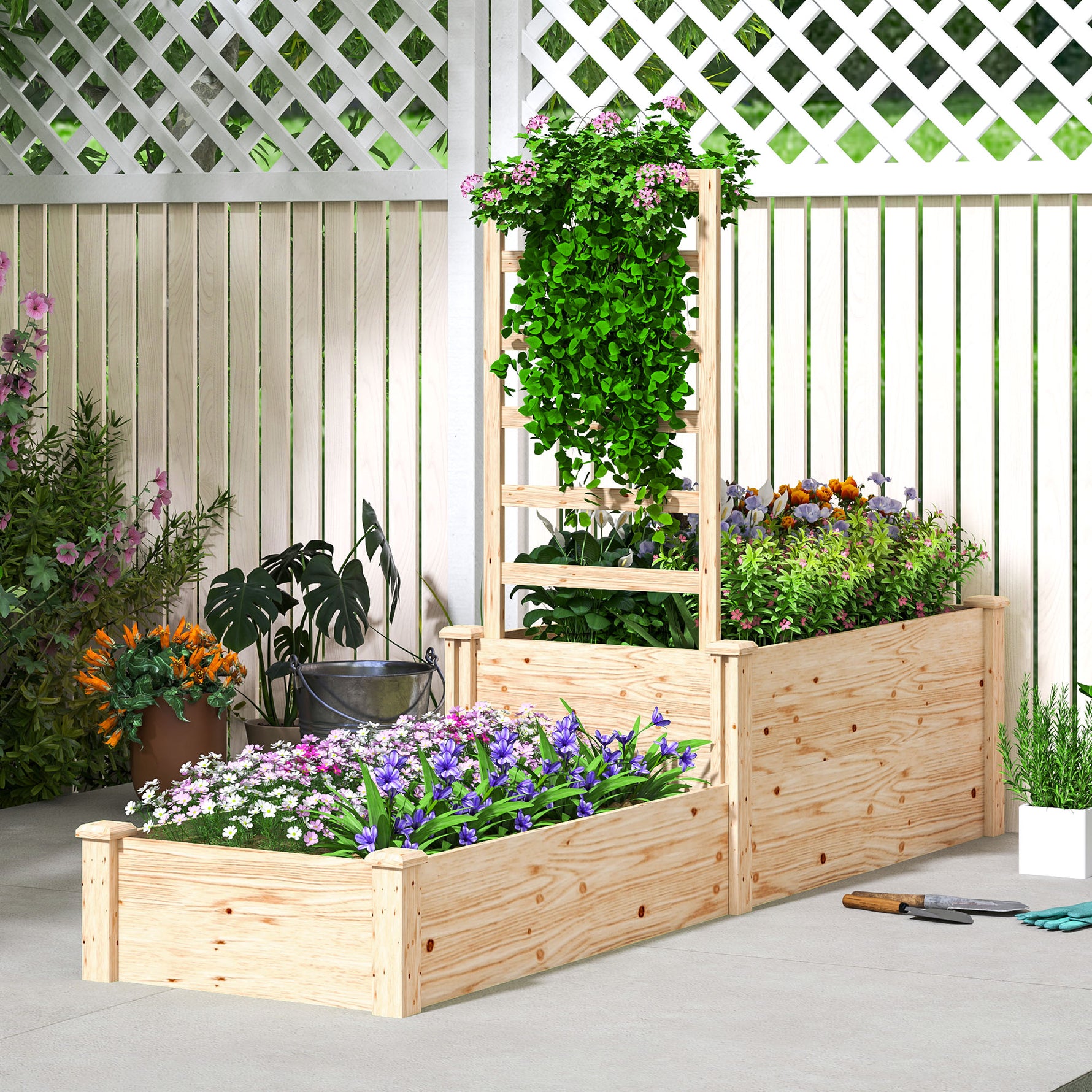 Jardinière avec treillis à 2 bacs avec fond ouvert, pour balcon terrasse patio, 222 x 63 x 132 cm, effet bois naturel