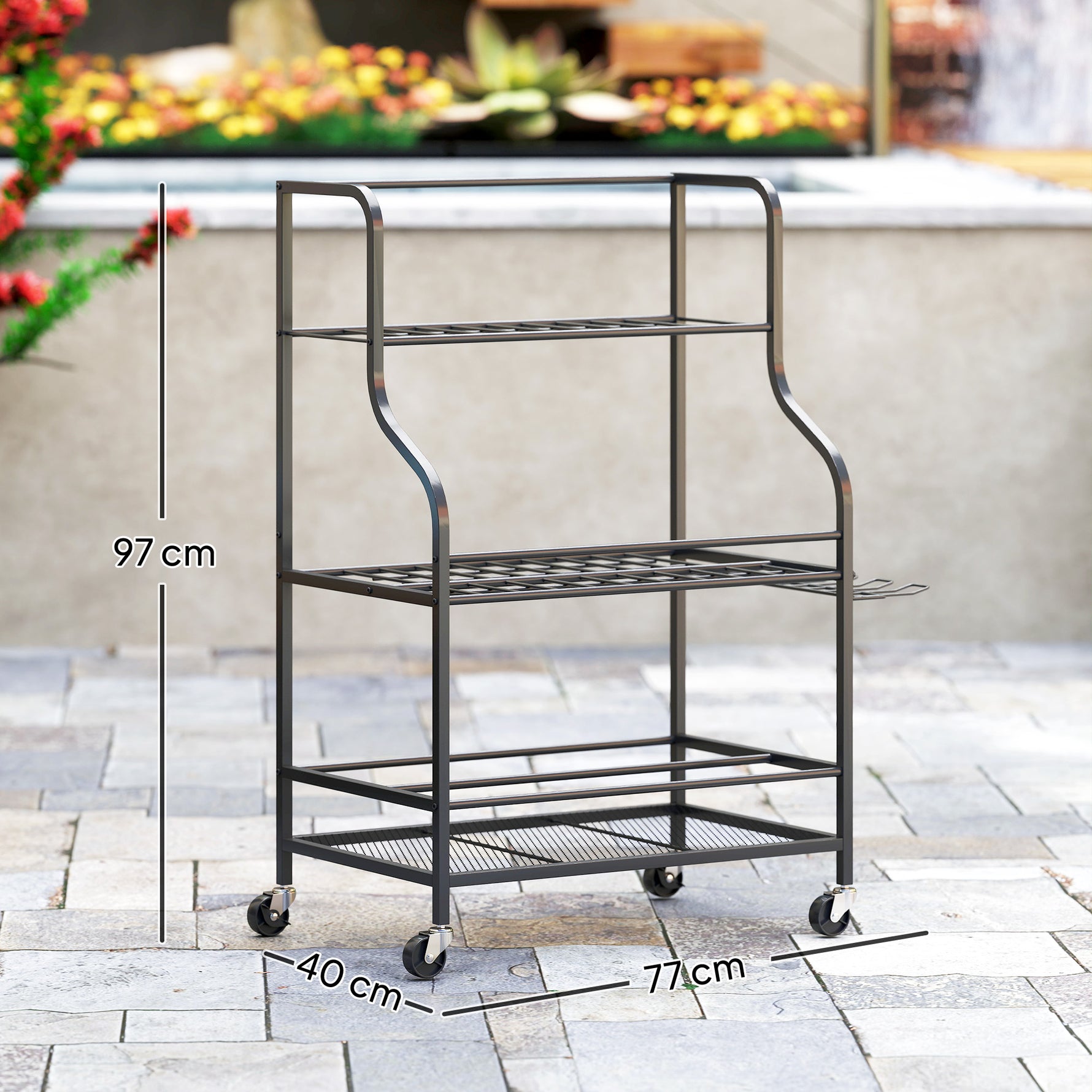 Organiseur d'outils de jardin, support à outils de jardin 54 emplacements 5 crochets en acier sur roues 3 niveaux noir
