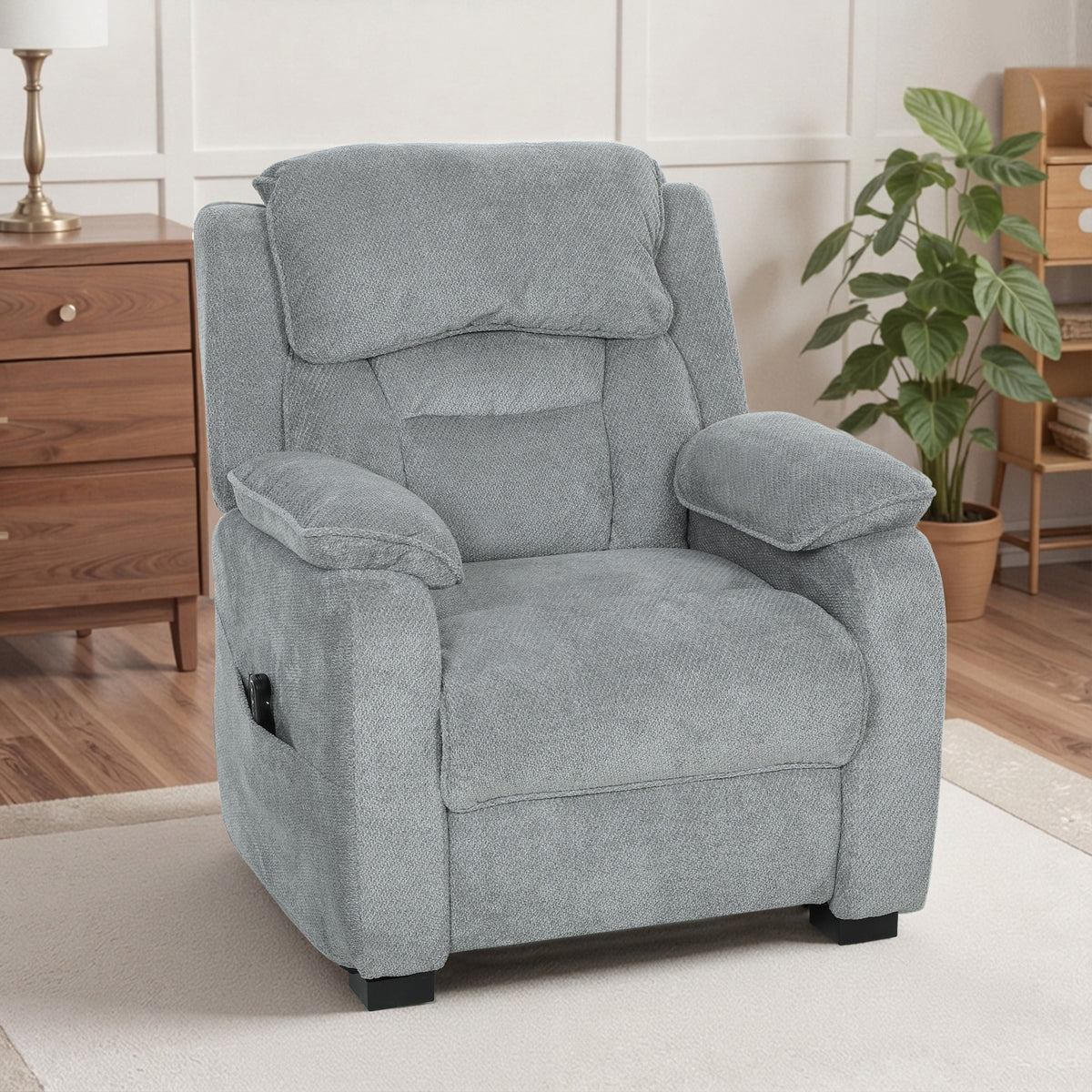 Sillón relax eléctrico, sillón reclinable, puerto USB, reposapiés, bolsillos laterales, mando a distancia, 86x90x103cm, gris claro