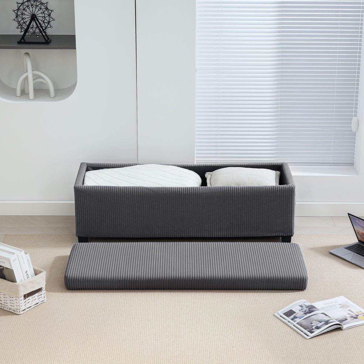 Banc de rangement bout de lit en velours côtelé avec couvercle, pour salon, chambre, entrée, 112 x 42 x 40 cm, gris