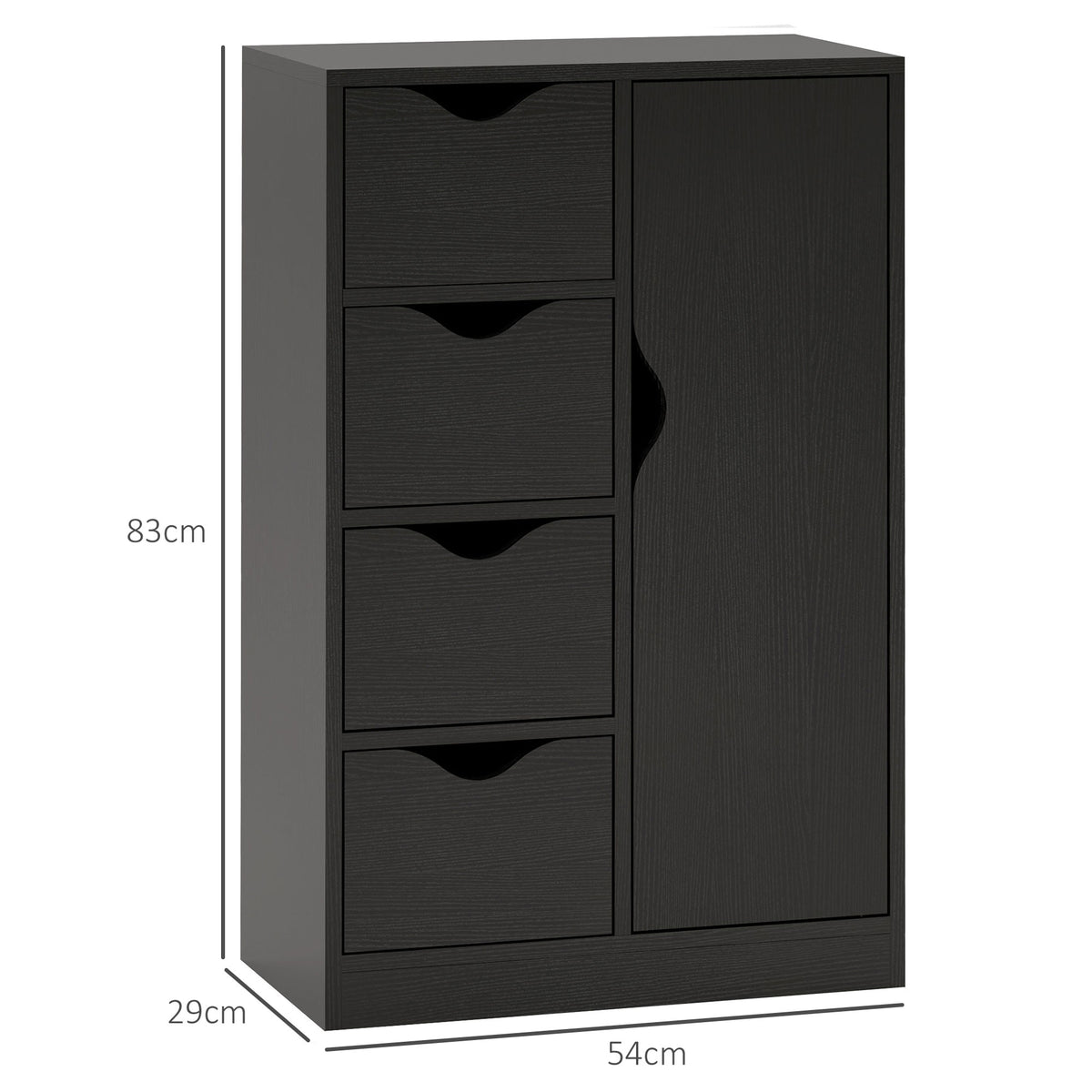 Aufbewahrungsmöbel Sideboard Kommode mit 1 Schranktür und 4 Schubladen, aus Holz, für Wohnzimmer, Küche, Flur, Esszimmer, Schwarz