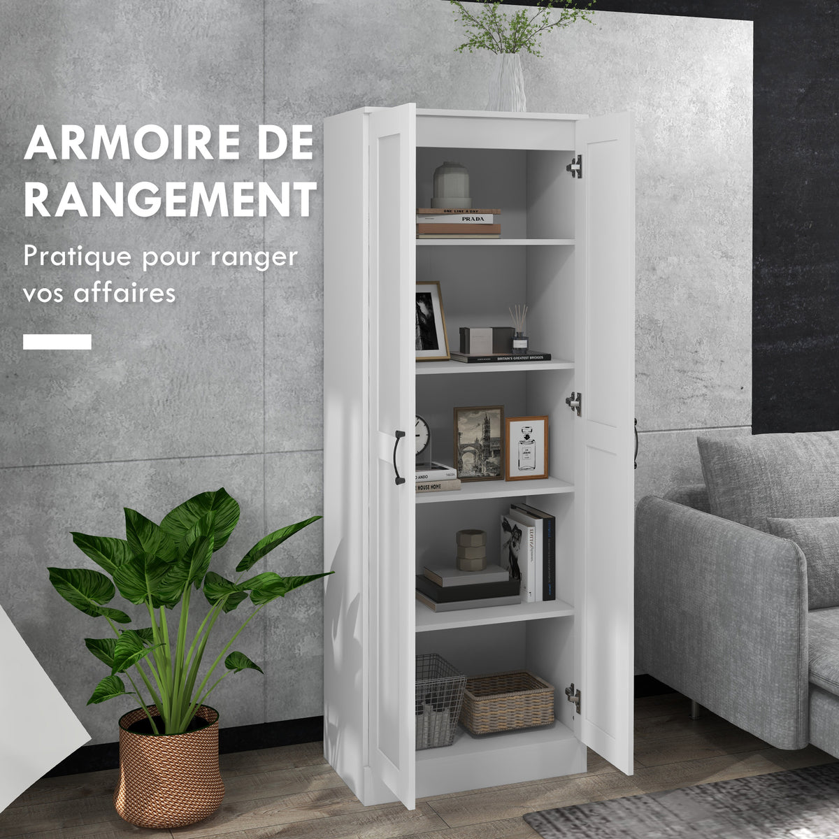 Armoire 2 portes meuble de rangement avec 5 étagères, style contemporain, 60L x 36,5l x 175H