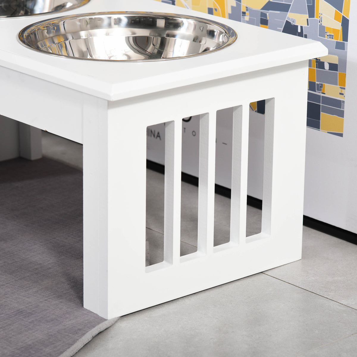 Gamelles chiens surélevées gamelle double chien chat Porte-gamelles surélevé dim. 44L x 24l x 15H cm 2 gamelles 0,9L acier inox. incluses bois blanc