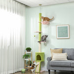 Arbre à chat du sol au plafond 5 niveaux hauteur réglable 220-240 cm plateformes fleur avec griffoir niche hamac vert