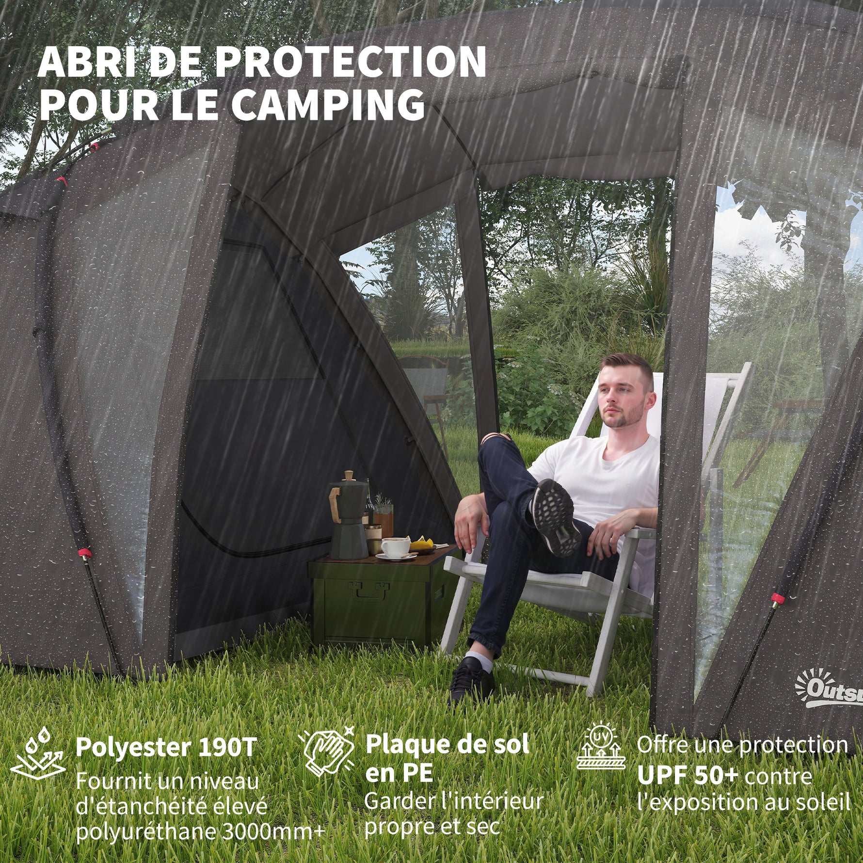 Tente de camping familiale pour 4-6 personnes, tente tunnel imperméable 3000 mm avec 2 portes, sac de transport, noir