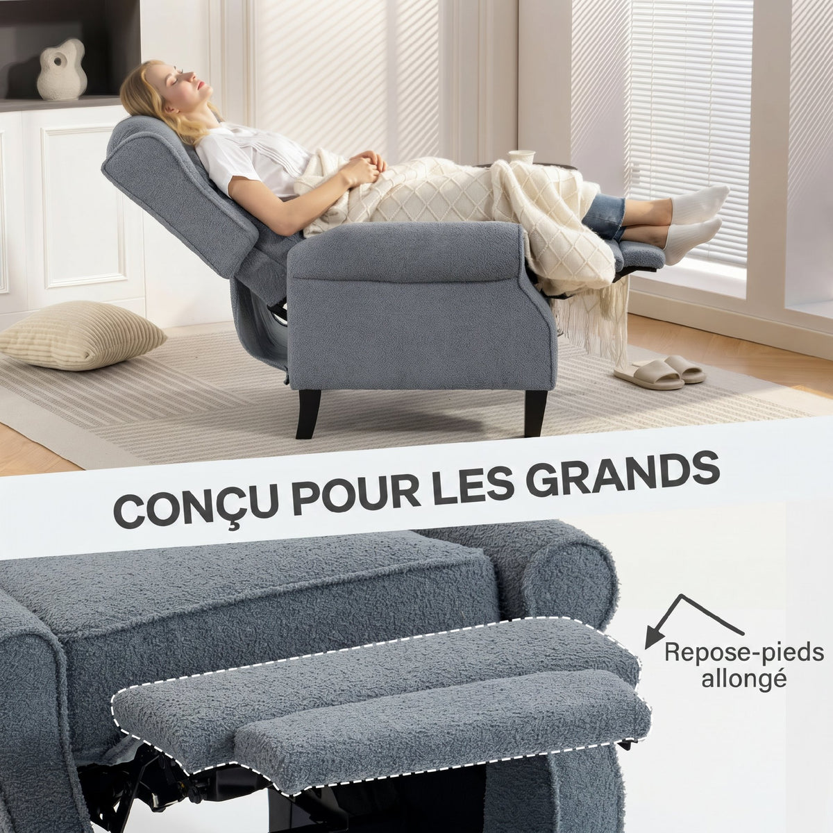 Fauteuil relax inclinable en polaire Teddy, fauteuil de relaxation avec repose-pieds extensible, assise rembourrée, gris