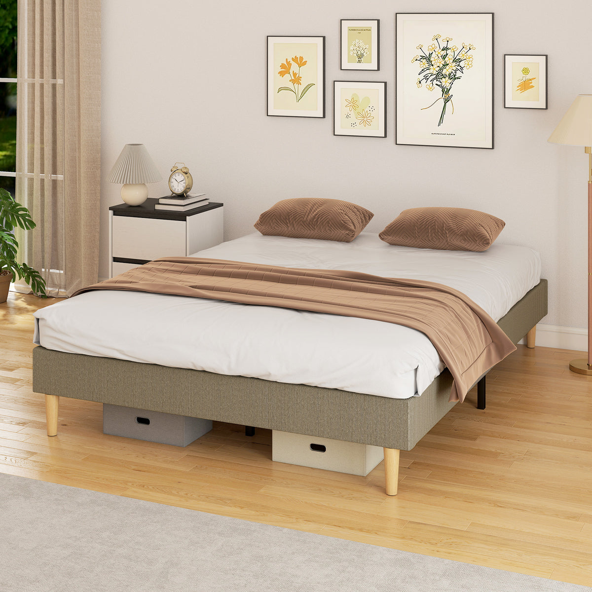 Cadre de lit 140 x 190 cm avec sommier à lattes en bois, lit double rembourré en velours côtelé, gris