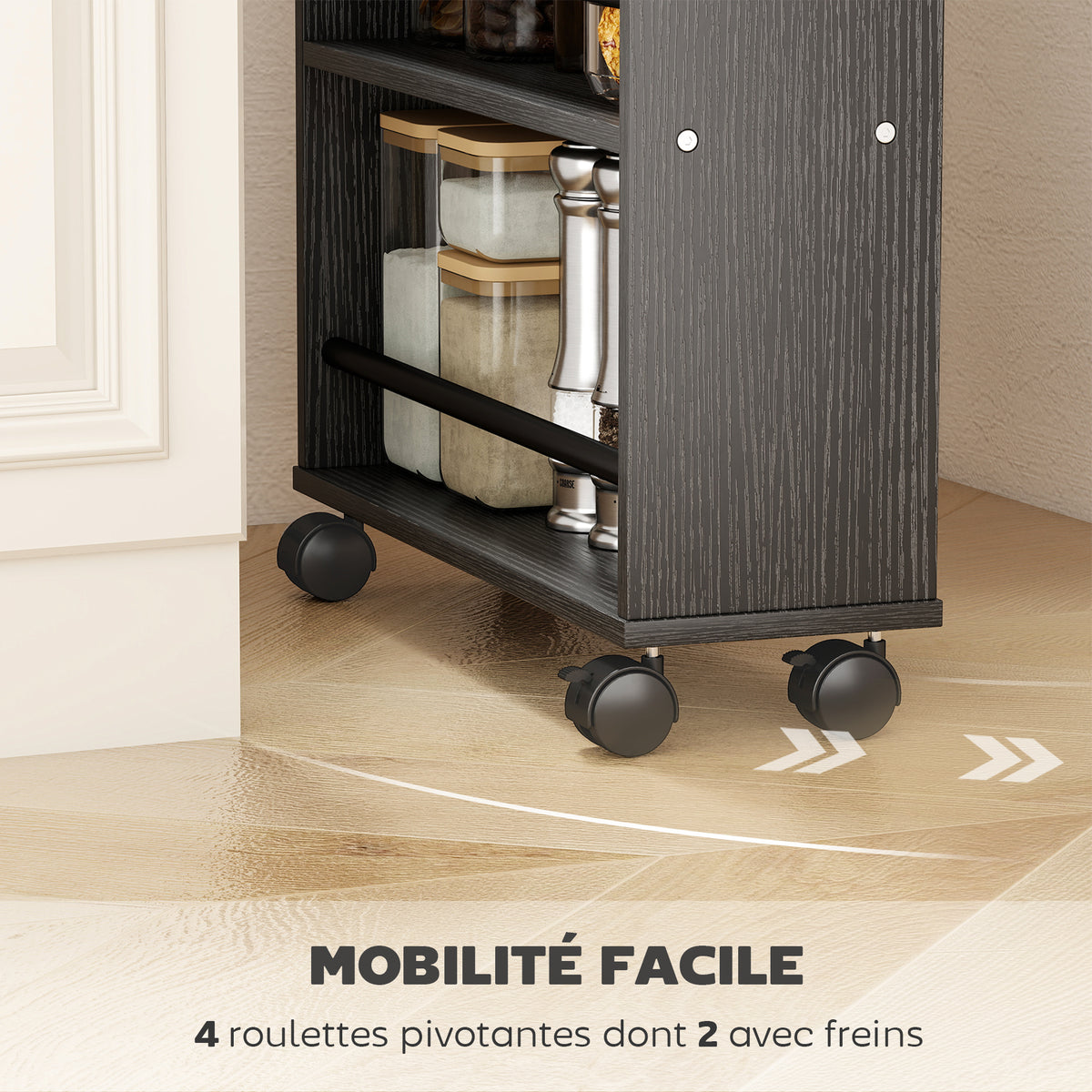 Chariot de rangement à 4 niveaux, desserte à roulettes avec poignées, desserte étroite, 45 x 15 x 91 cm, noir
