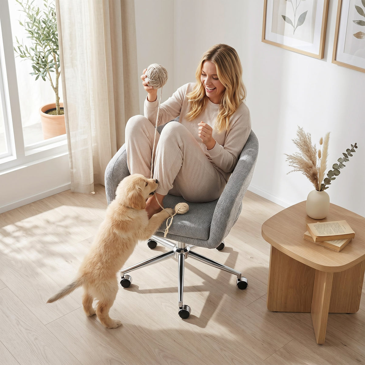 Chaise Bureau Ergonomique, Fauteuil de Bureau en Chenille avec Hauteur Réglable, Dossier Incurvé, Gris