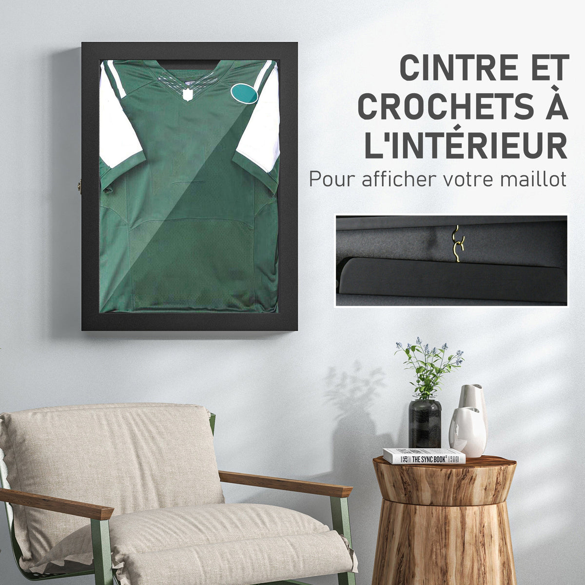 Frame box T-frame cadre pour maillot porte acrylique doublure interne feutre 60 x 6,5 x 80 cm noir