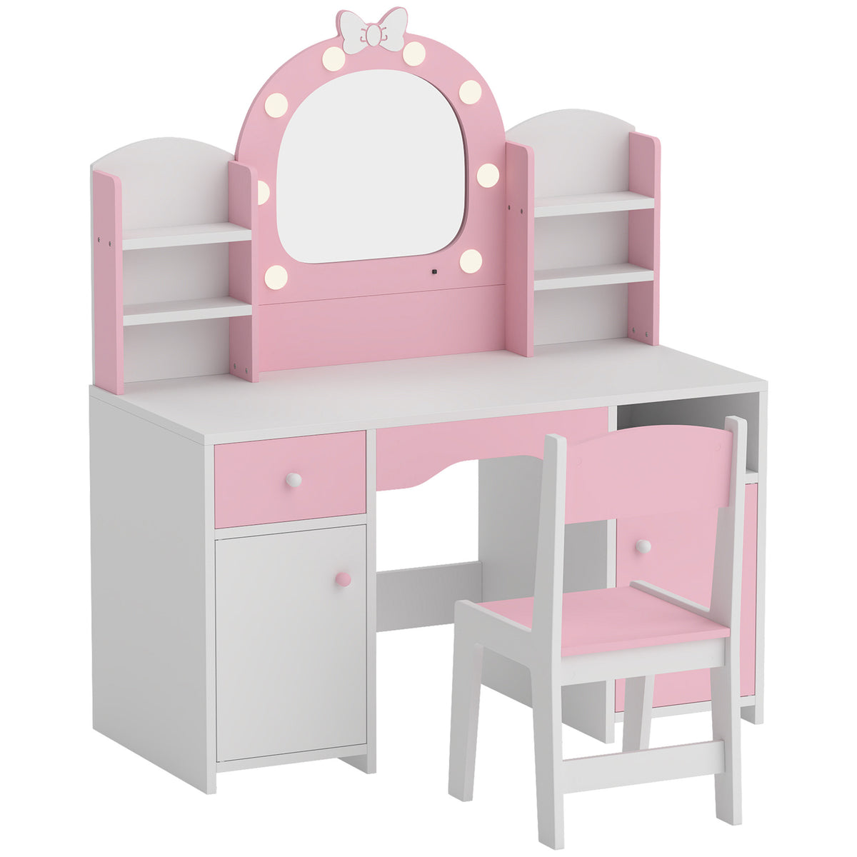 Coiffeuse pour Enfants avec Tabouret et Miroir Lumineux à 2 Couleurs en Acrylique, pour 3-8 Ans, 90 x 41 x 104 cm, Rose
