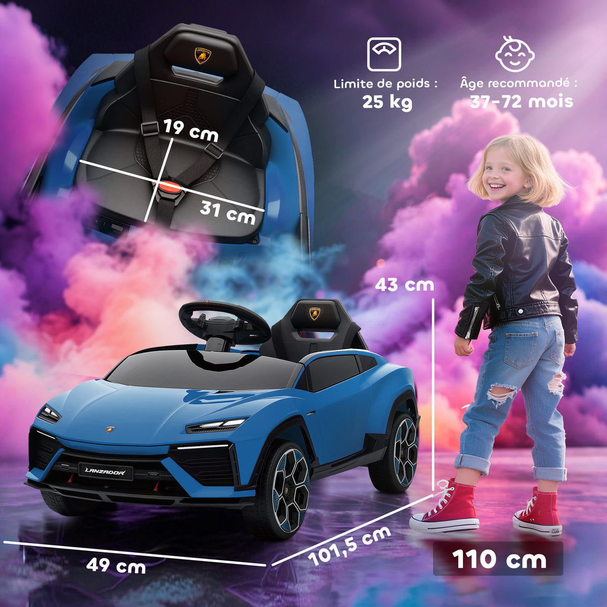 Voiture électrique enfant véhicule électrique Lamborghini 12V télécommande 2,4G et 2 moteurs vitesse max. 4 km/h bleu